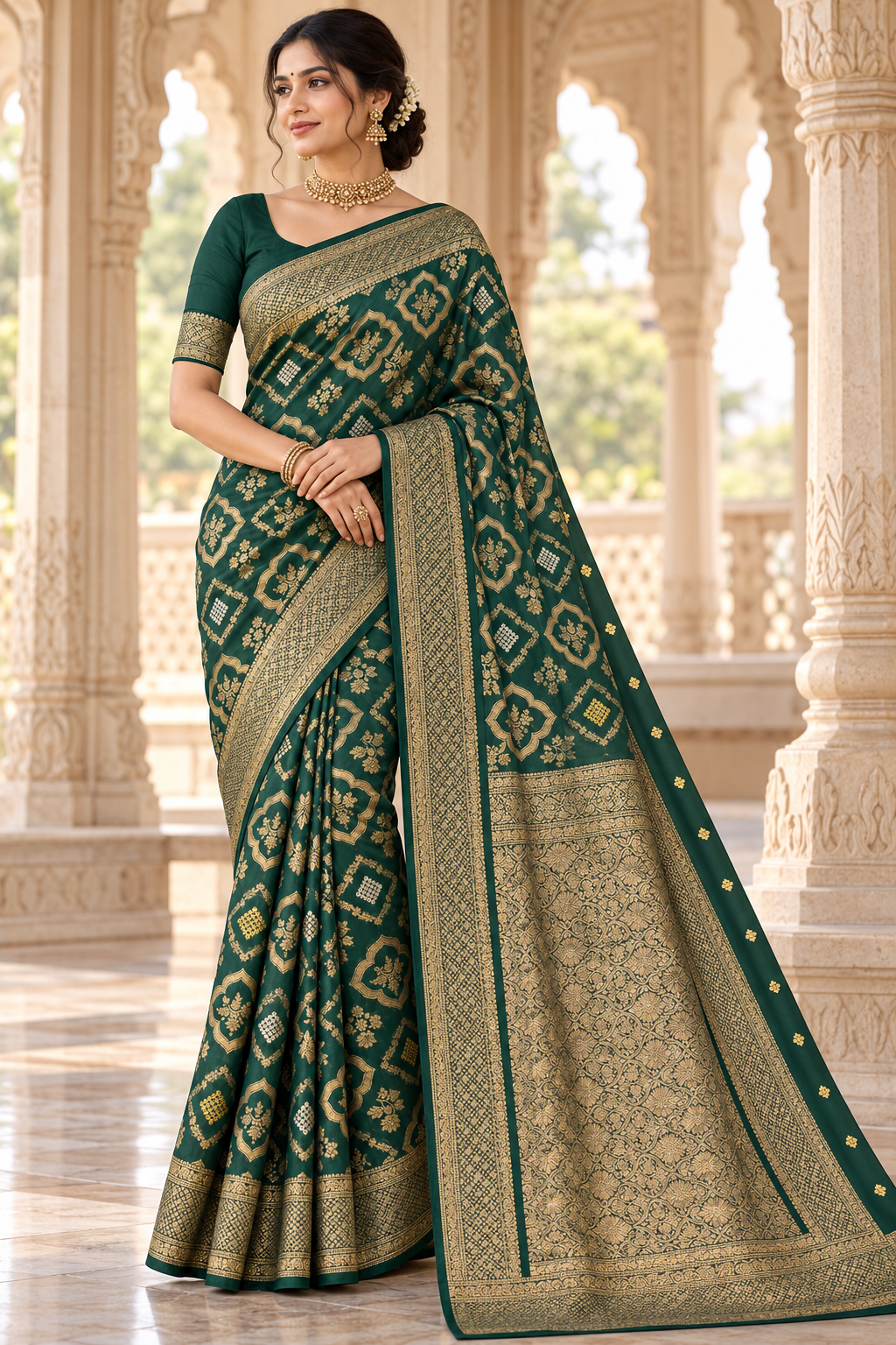 Deep Forest Green Geometric Brocade Saree