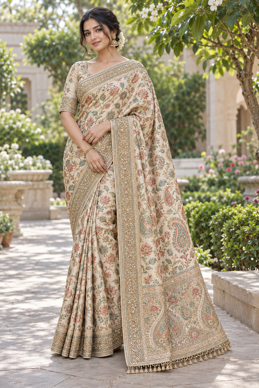 Off-White Cream Silk Saree with All-Over Floral Kalamkari Print & Gold Zardozi Border