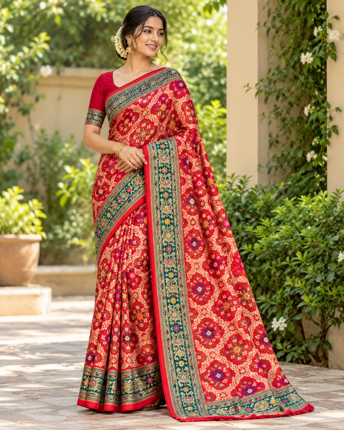 Royal Red Patola Print Saree with Green & Golden Traditional Border Main image