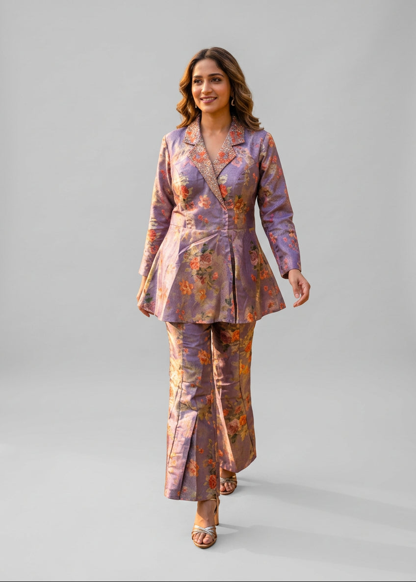 Lavender Floral Brocade Blazer Suit Set Main image