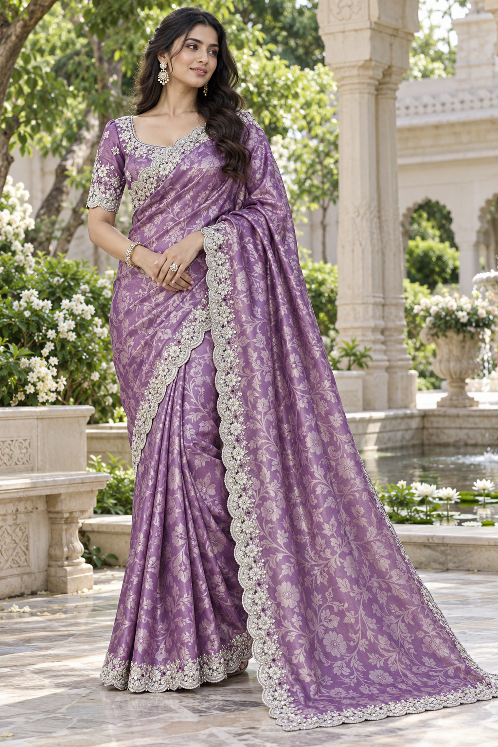 Soft Lilac Lavender Silk Saree with All-Over Floral Jacquard & Silver Scalloped Cutwork Border