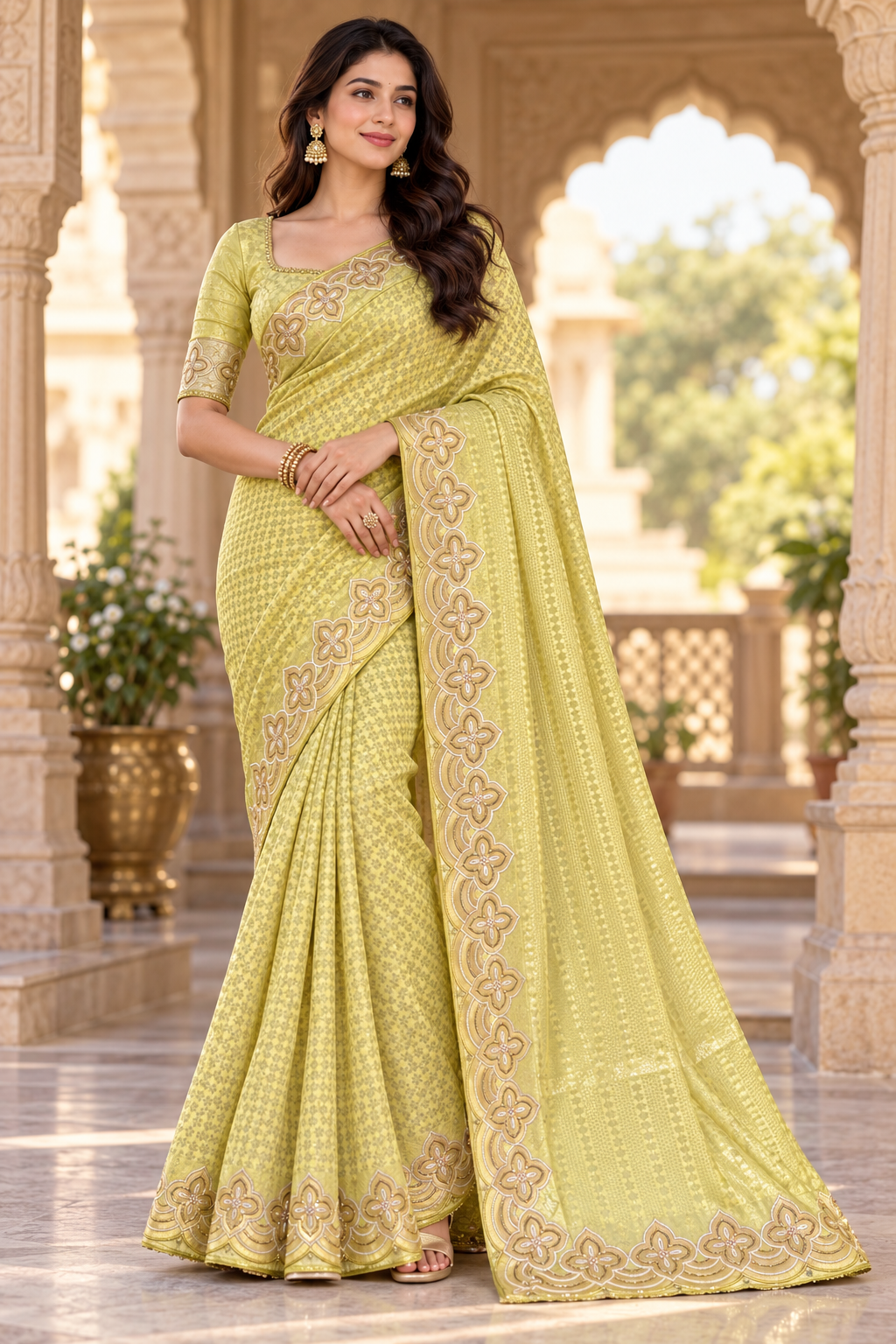 Chartreuse Yellow Floral Embroidered Saree Main image
