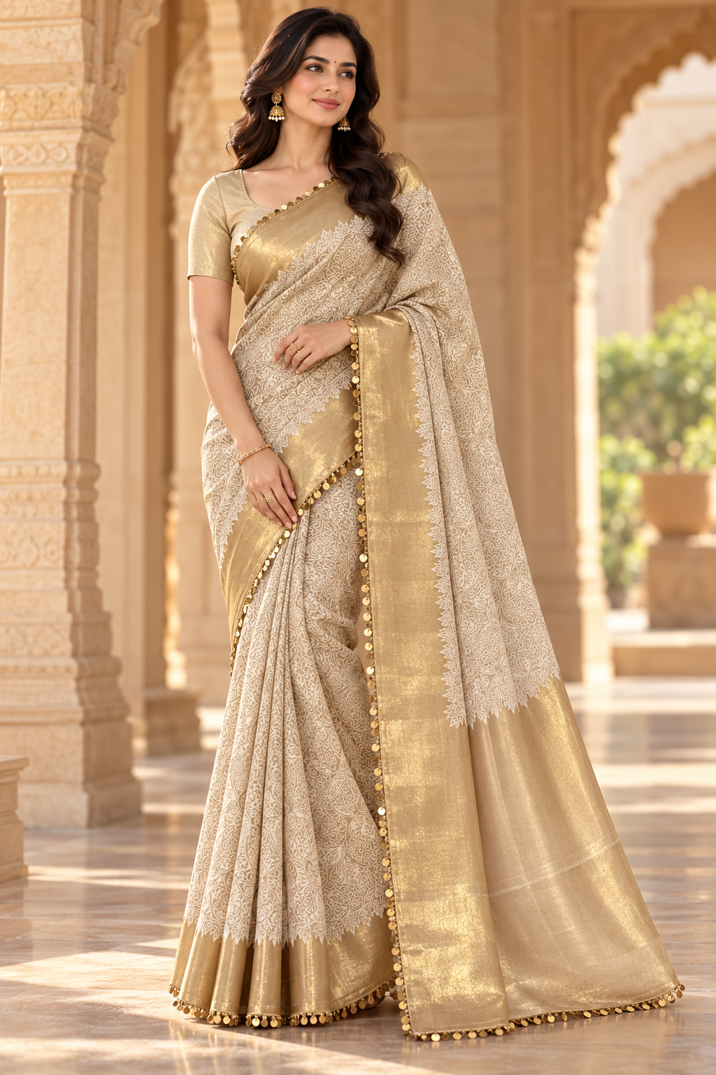 Champagne Gold Saree With All-Over Intricate Botanical Motifs Main image