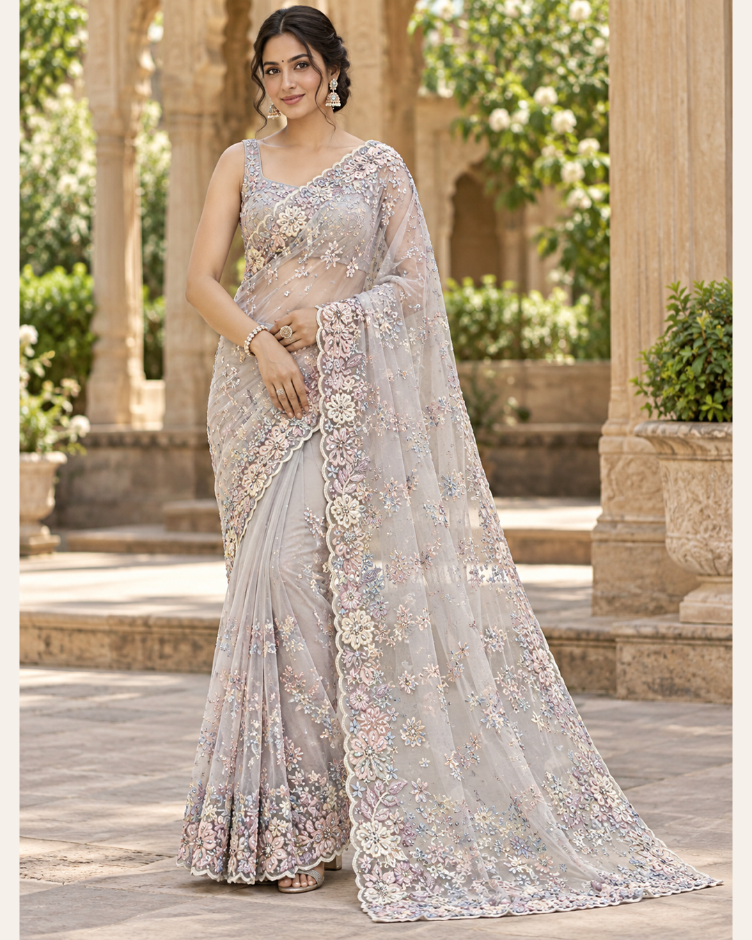 White & Silver Floral Embellished Saree Main image