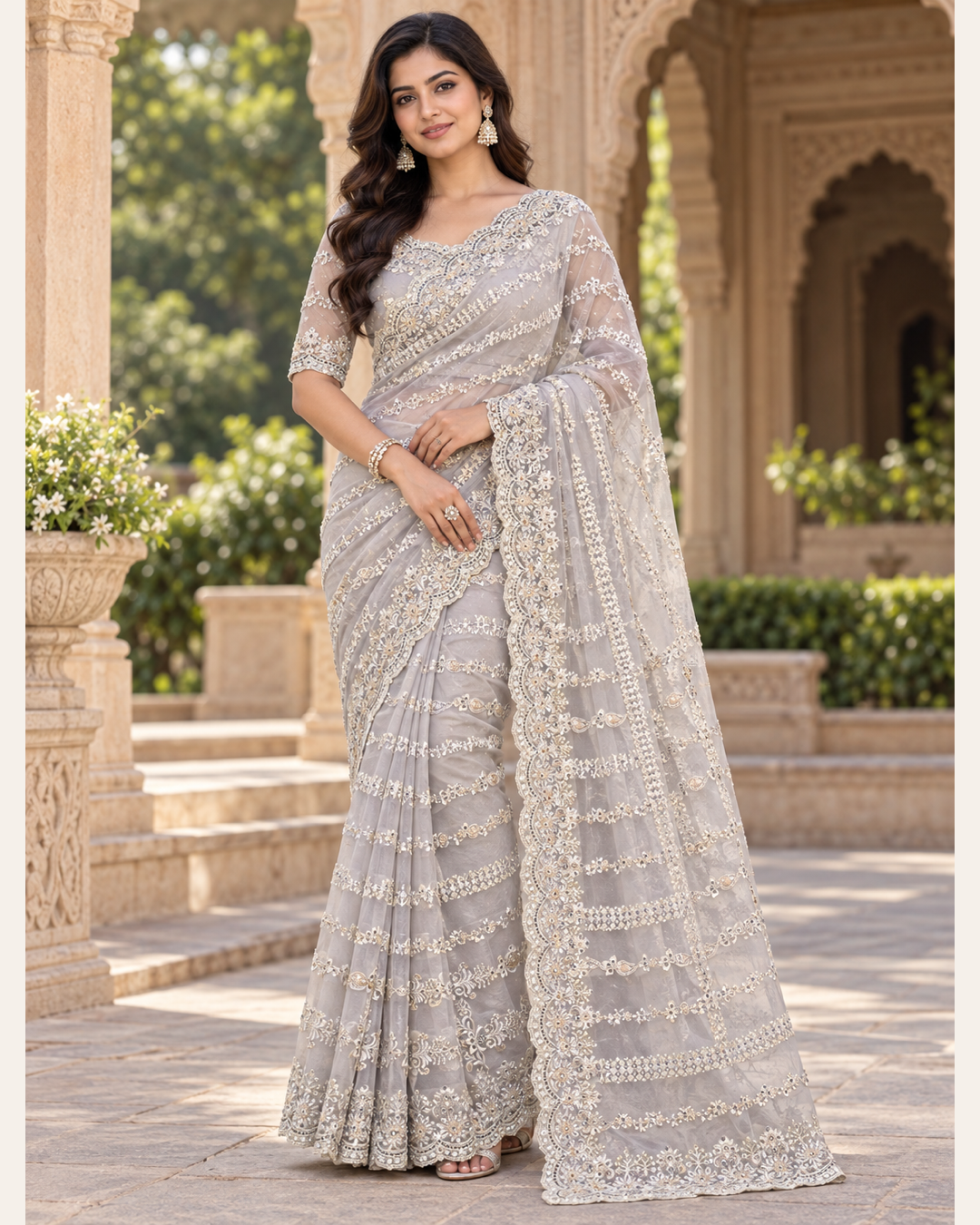 Silver Grey & White Floral Embellished Saree Main image