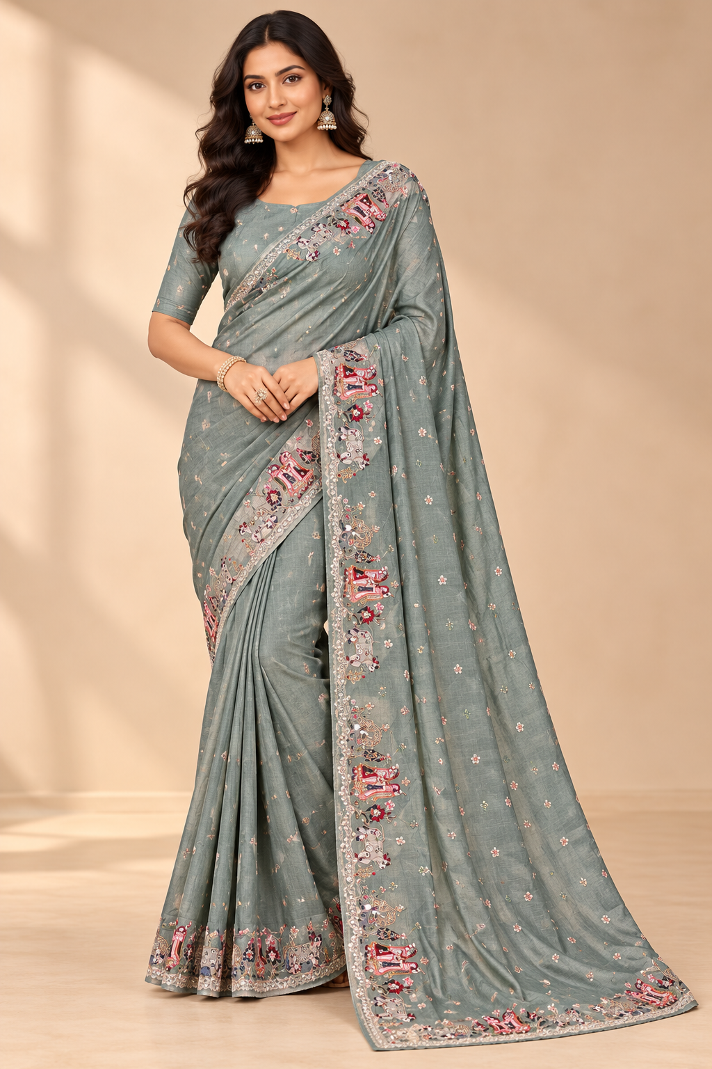 Slate Grey Art Silk Saree with Royal Elephant Procession Hand Embroidery & Floral Motif Pallu