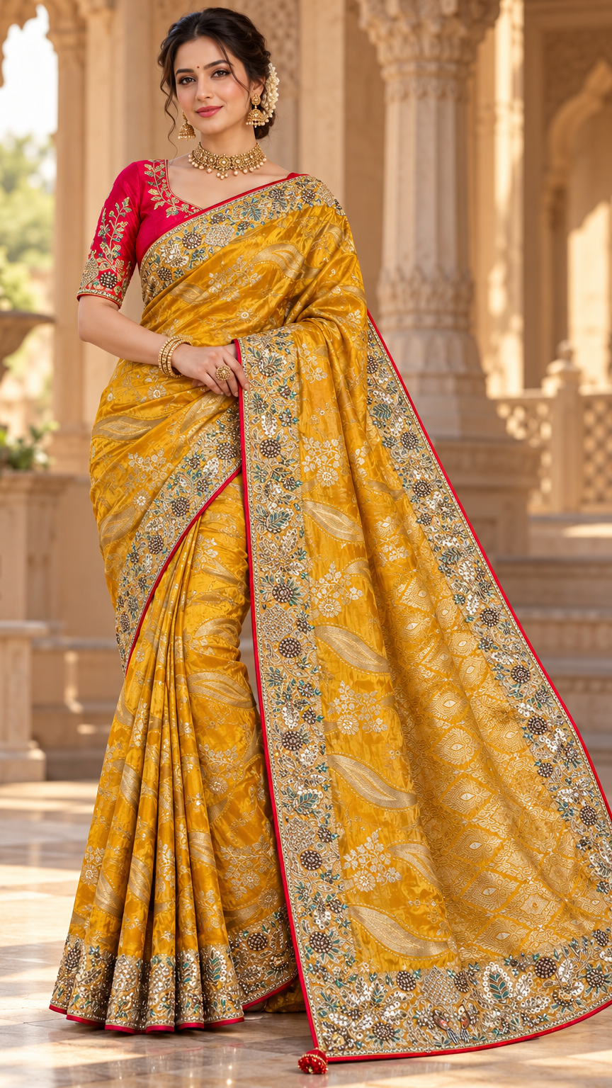 Festive Mustard Yellow Woven Silk Saree with Embroidered Border