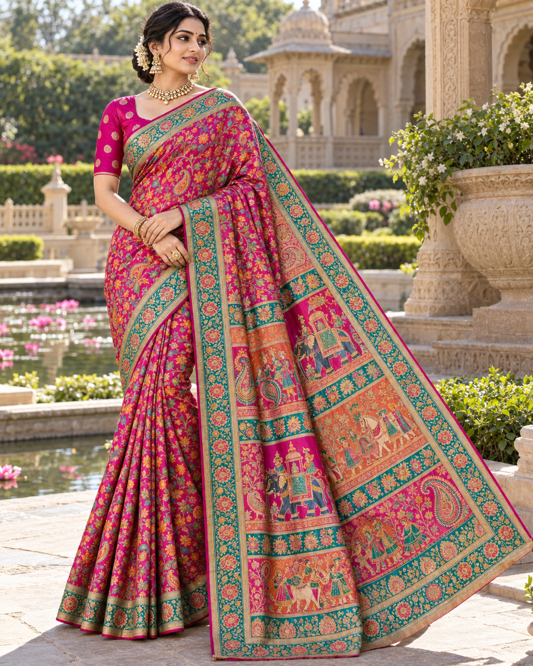 Magenta Pink Silk Saree with Teal Border Main image