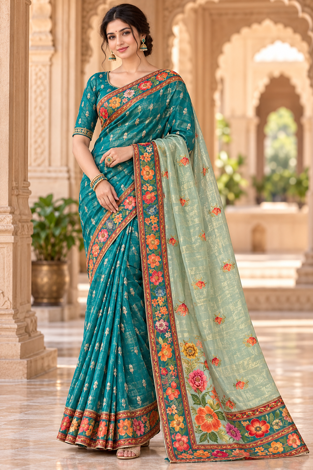 Teal Blue Floral Embroidered Saree Main image