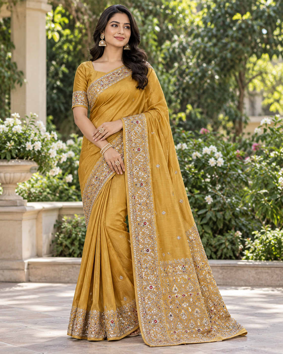 Mustard Yellow Embroidered Silk Saree
