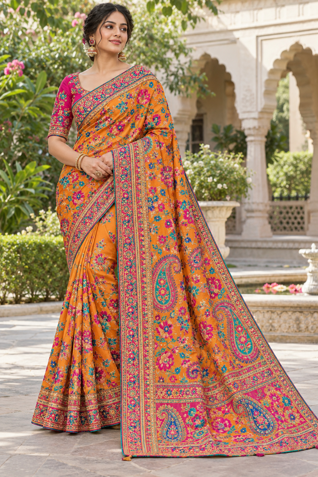 Vibrant Marigold Orange Silk Saree with All-Over Multi-Color Floral Jaal & Paisley Border