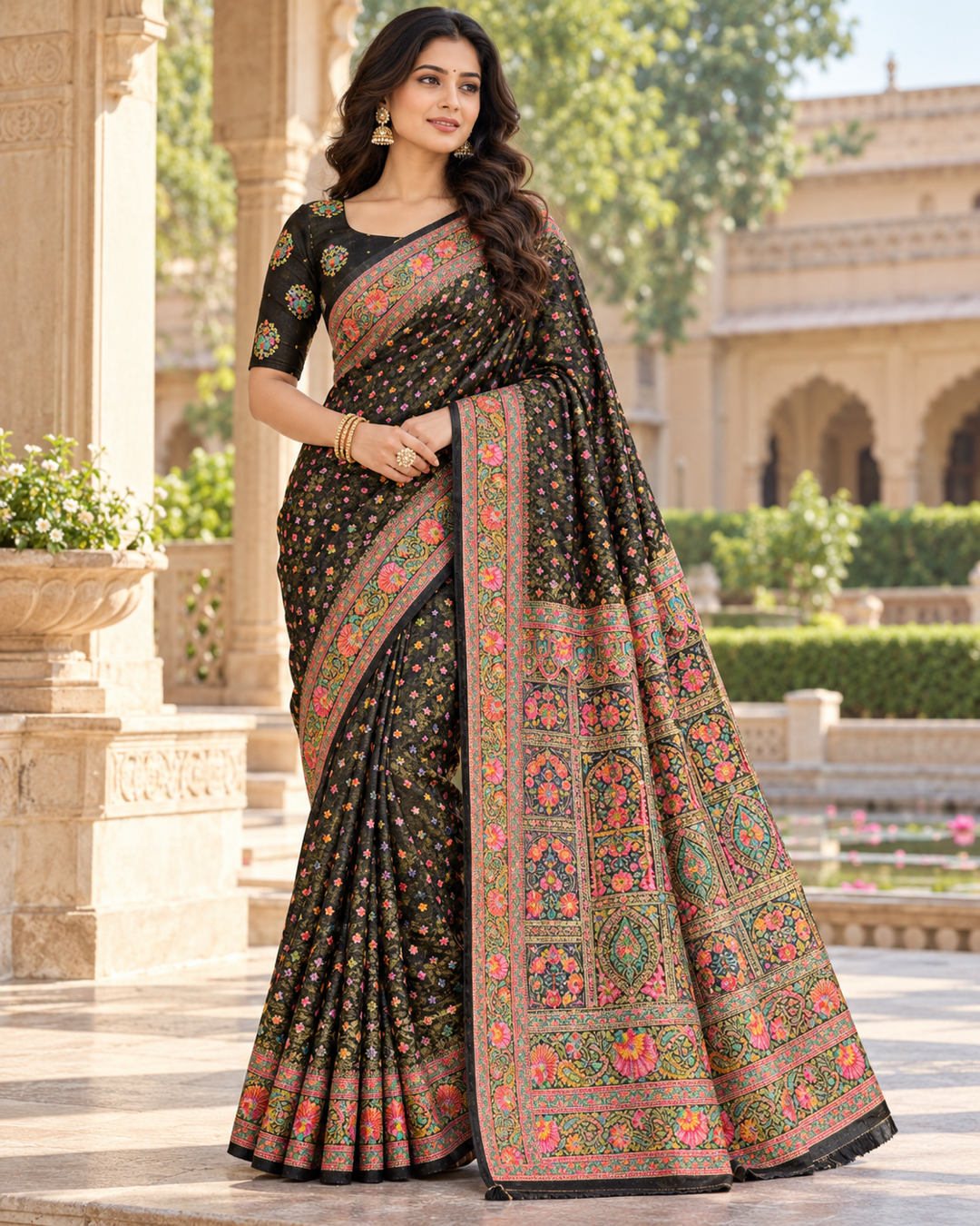 Black Silk Blend Saree with Floral Small Bootis & Kashmiri Style Embroidered Pallu
