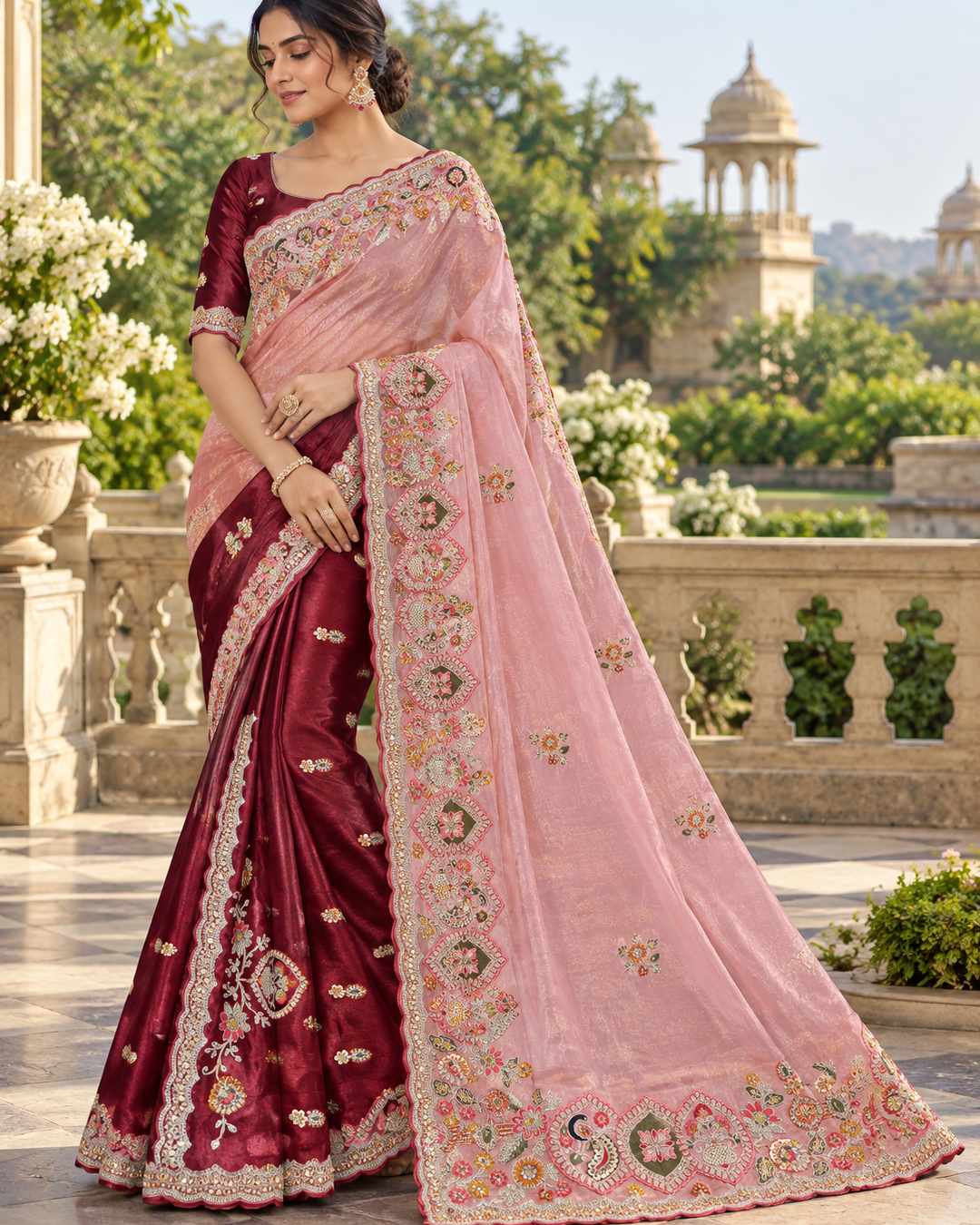 Wine & Baby Pink Half-and-Half Silk Saree with Floral Embroidered Scalloped Border
