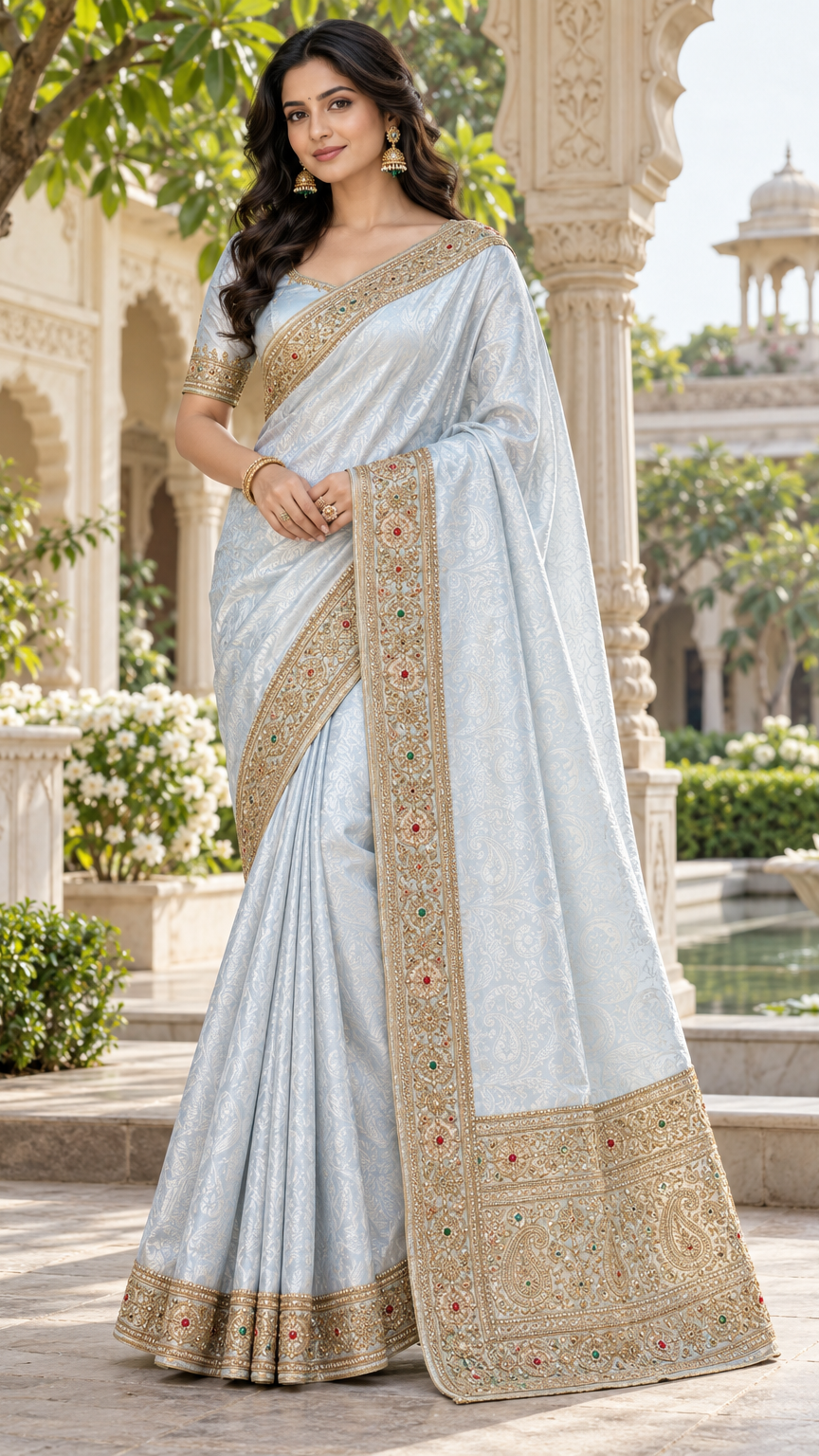 Icy Blue Brocade Silk Saree with Gold Zardozi & Stone-Embellished Paisley Border