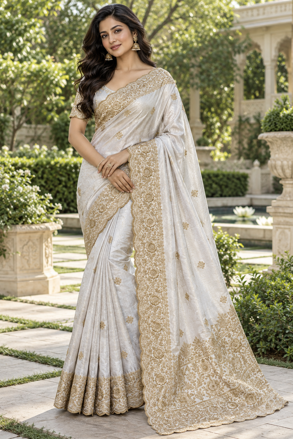 Ivory White Silk Saree with Golden Embroidery Main image