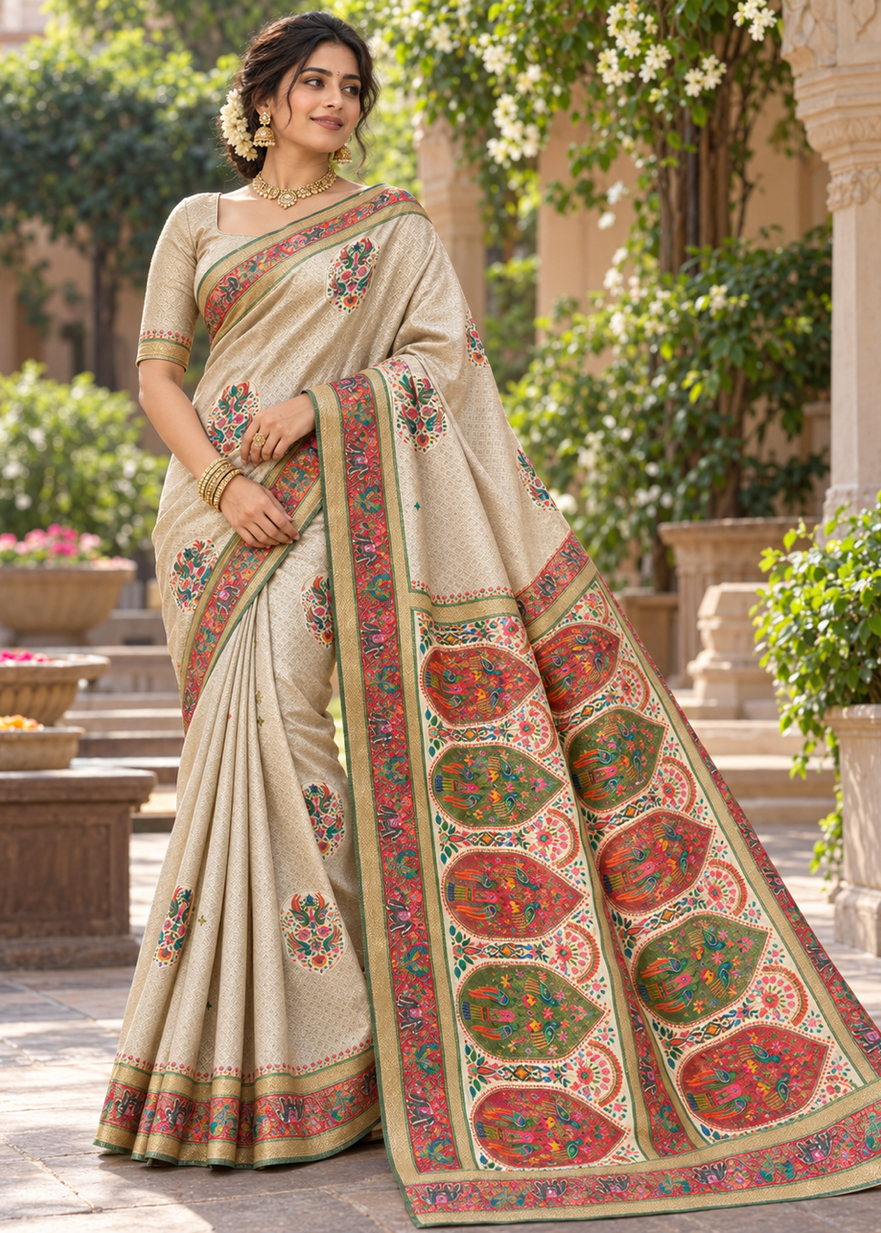 Cream Beige Silk Tissue Saree with Floral Meenakari Motifs &amp; Paithani Paisley Pallu