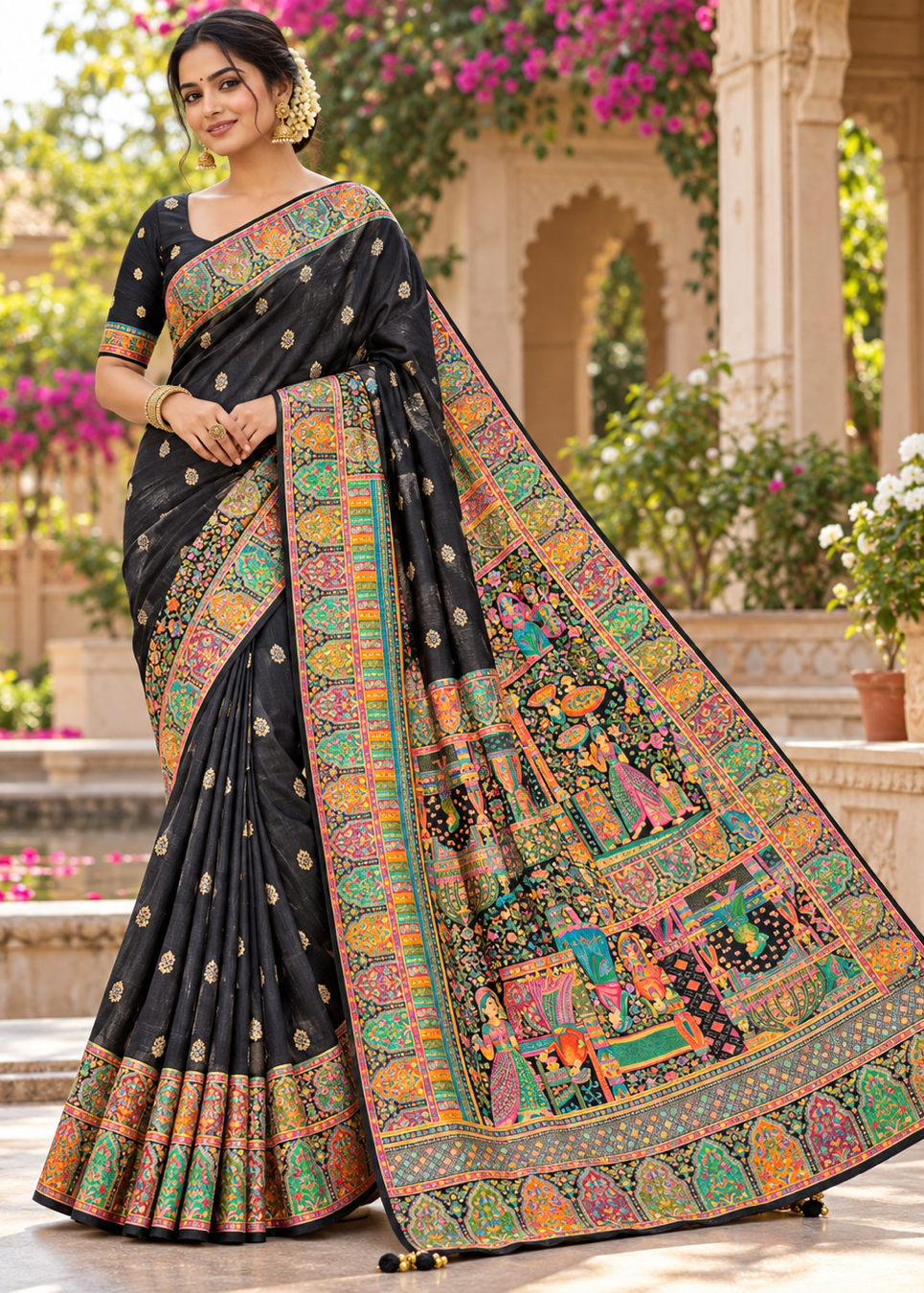 Jet Black Silk Saree with Floral Zari Butis, Multi-Color Meenakari Border & Kalamkari Pallu
