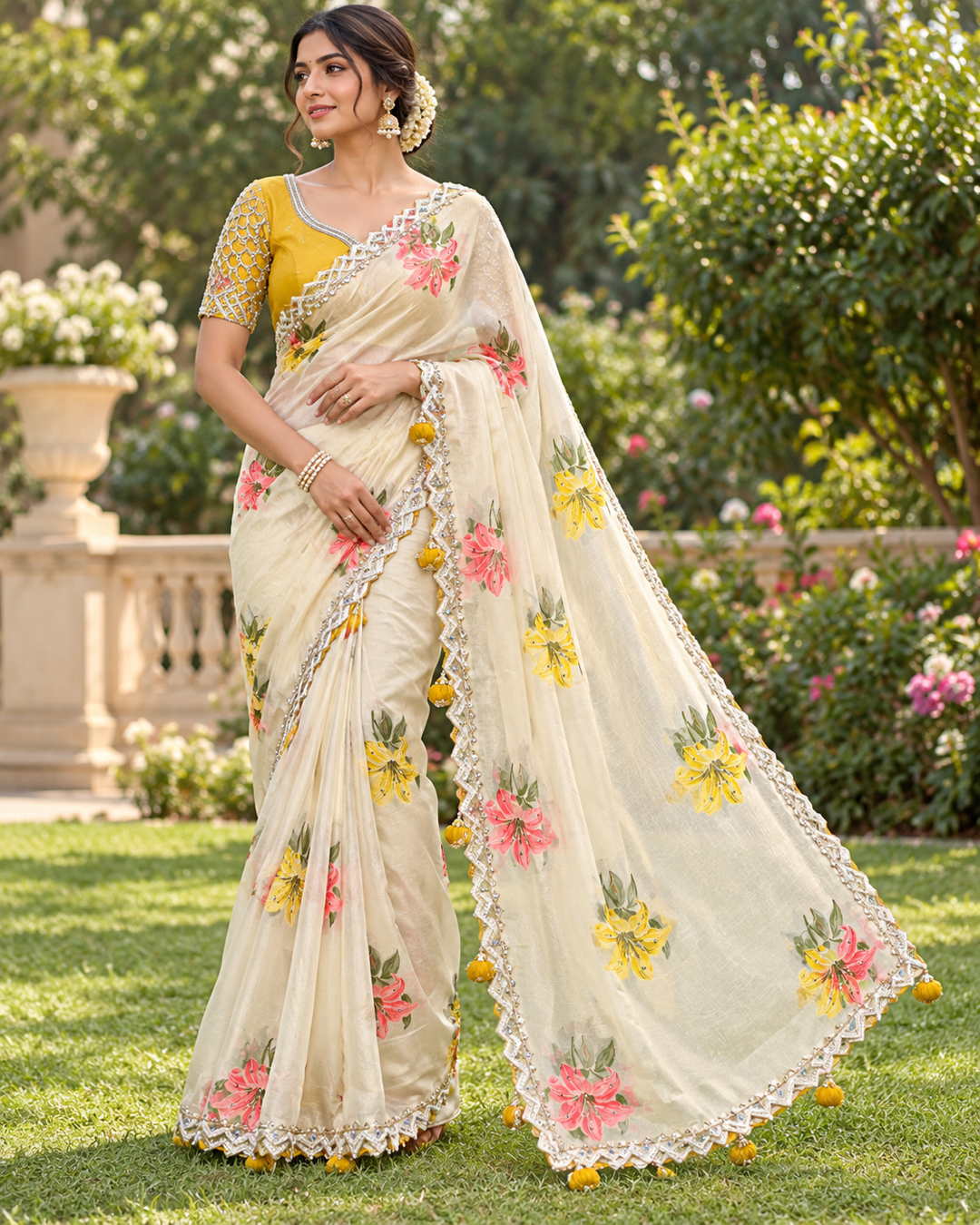 Ivory Cream Tissue Organza Saree with Floral Prints &amp; Silver Scalloped Cutwork Border Main image