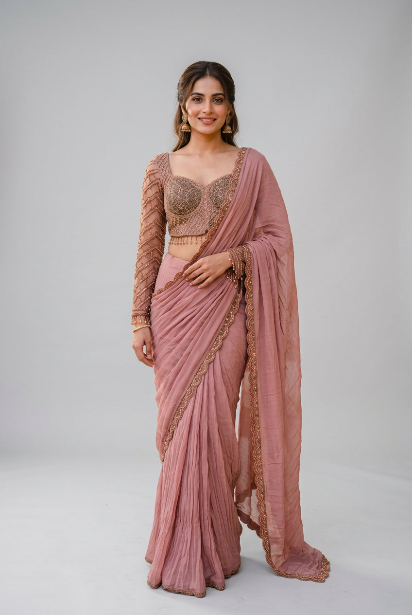 Dusty Rose Embroidered Saree Set Main image