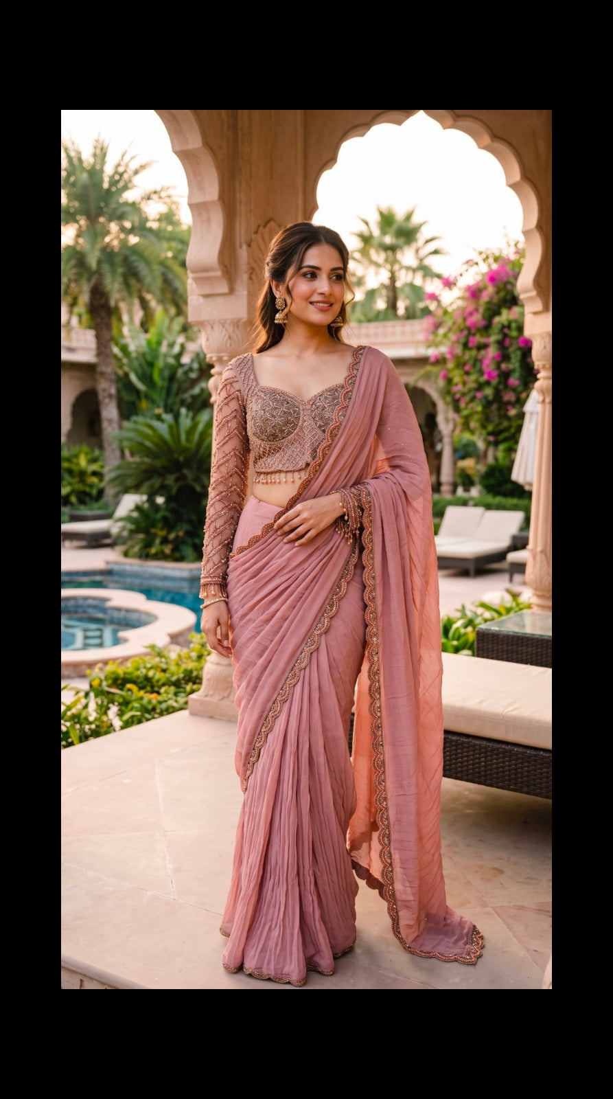 Dusty Rose Embroidered Saree Set