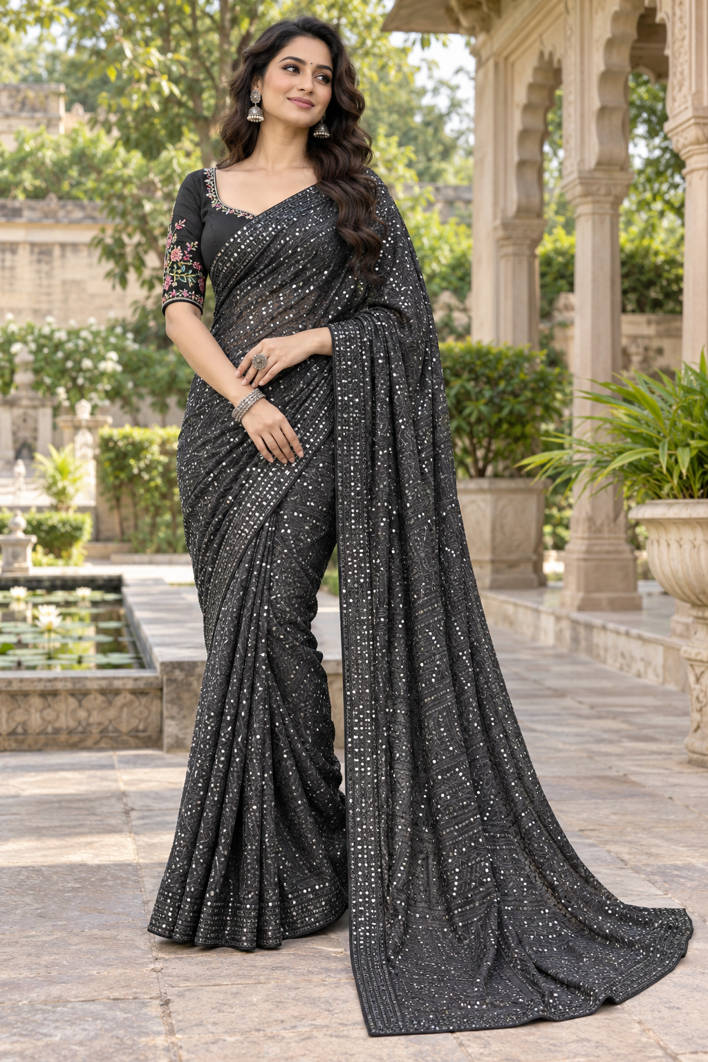 Charcoal Black Georgette Saree with All-Over Sequin Chikankari & Floral Embroidered Blouse
