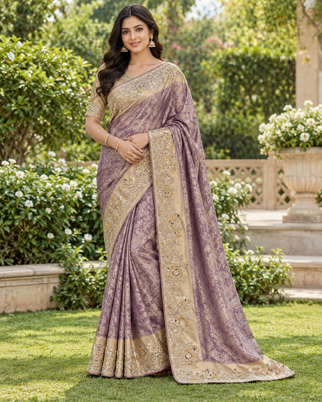 Lilac Woven Embroidered Silk Saree Main image