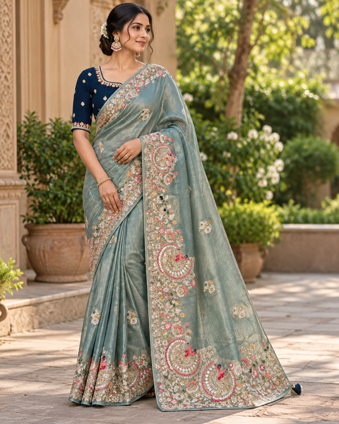 Sage Green Embroidered Saree with Navy Blue Blouse Main image