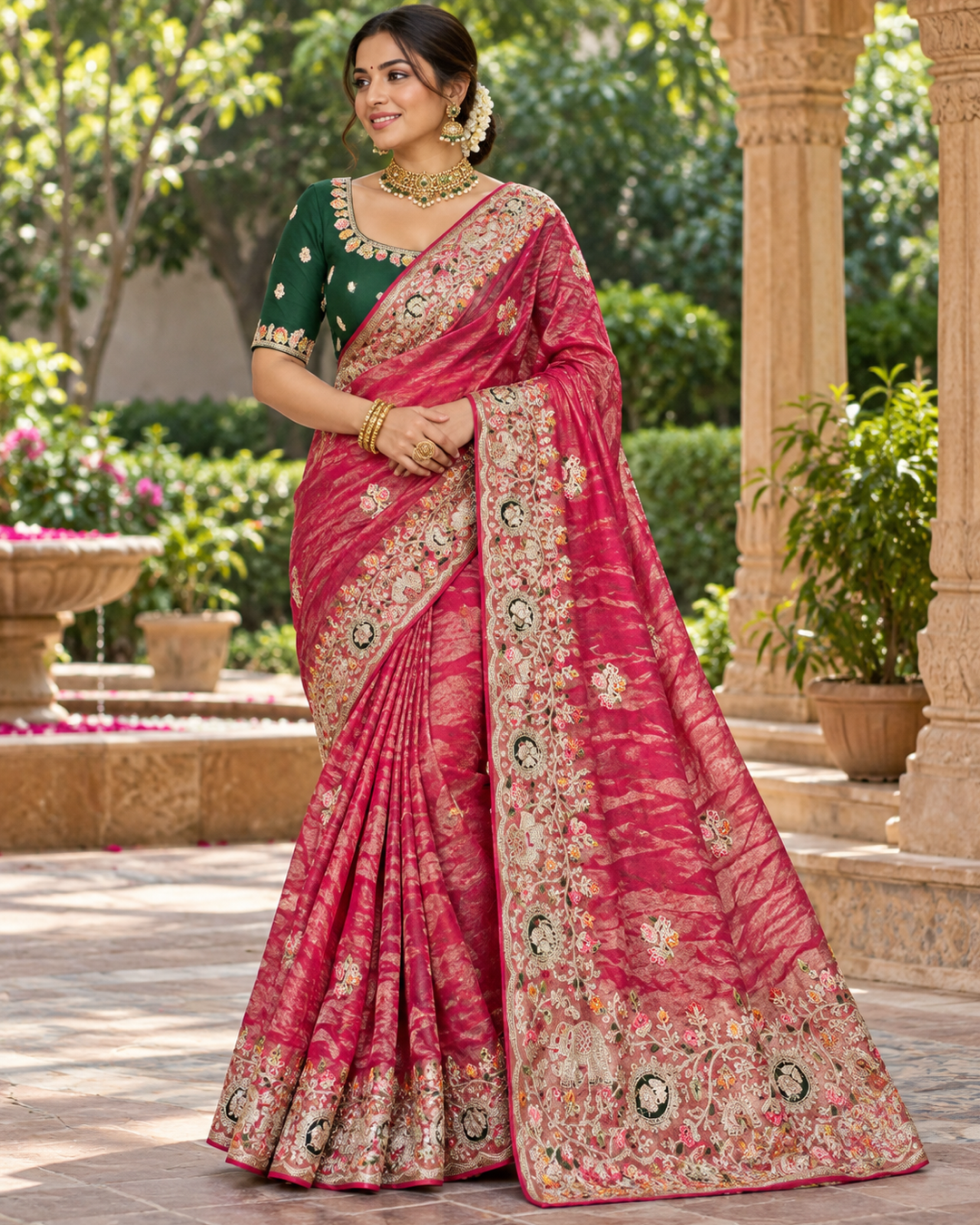 Rani Embroidered Saree with Green Blouse Main image