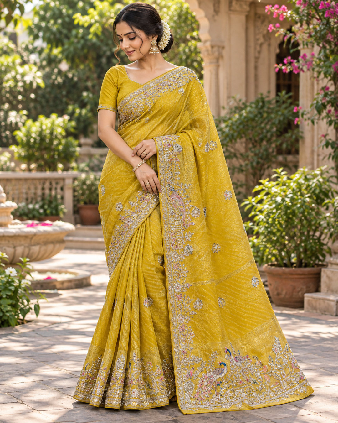 Mustard Embroidered Saree with Peacock Motifs