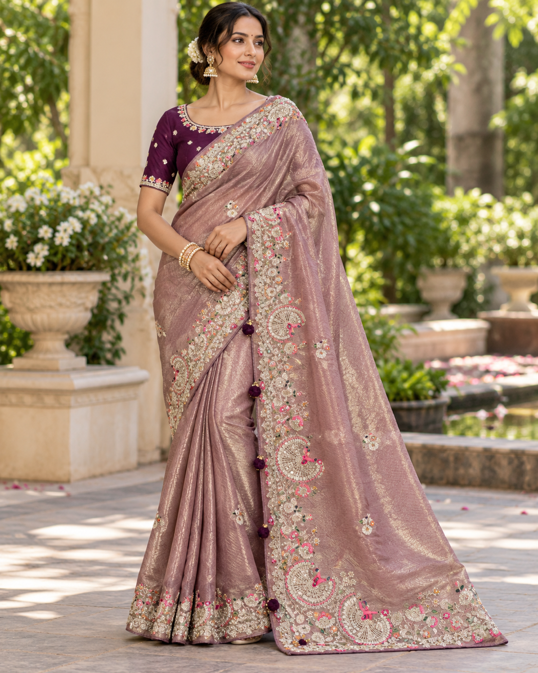 Purple Embroidered Saree with Contrast Blouse