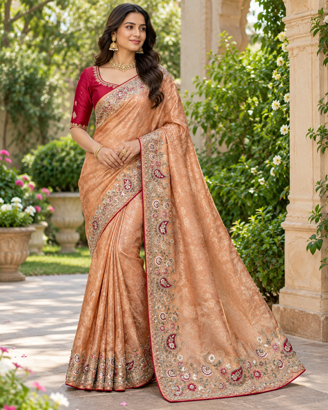 Peach Embroidered Saree with Red Blouse Main image