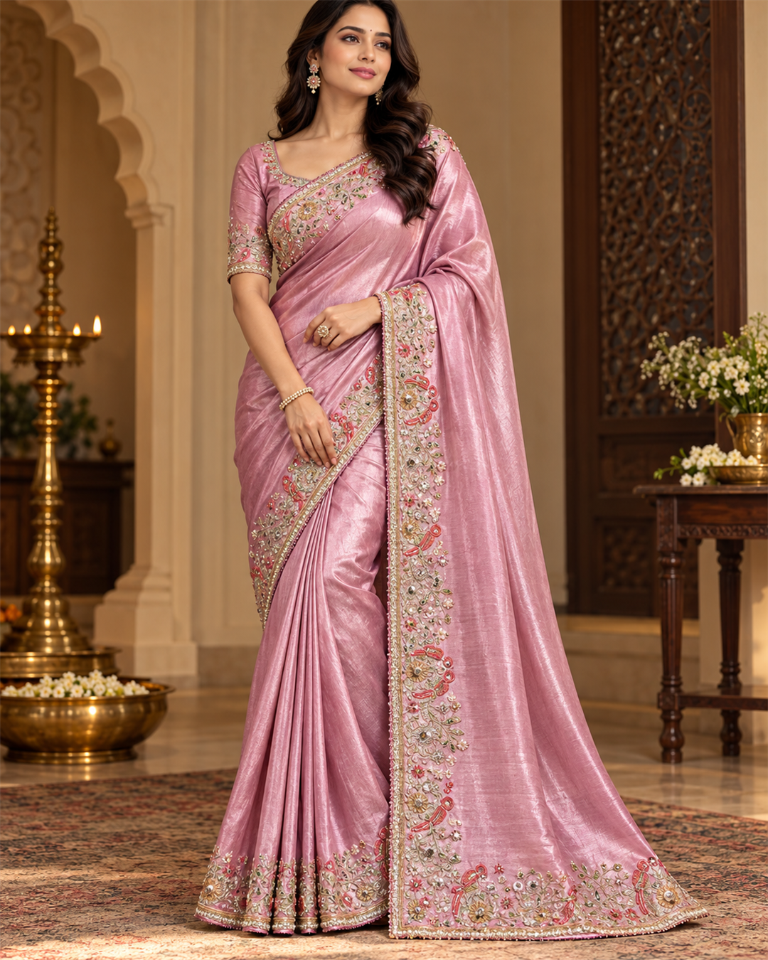 Dusty Mauve Pink Tissue Silk Saree with Coral Resham & Mirror-Work Embroidery