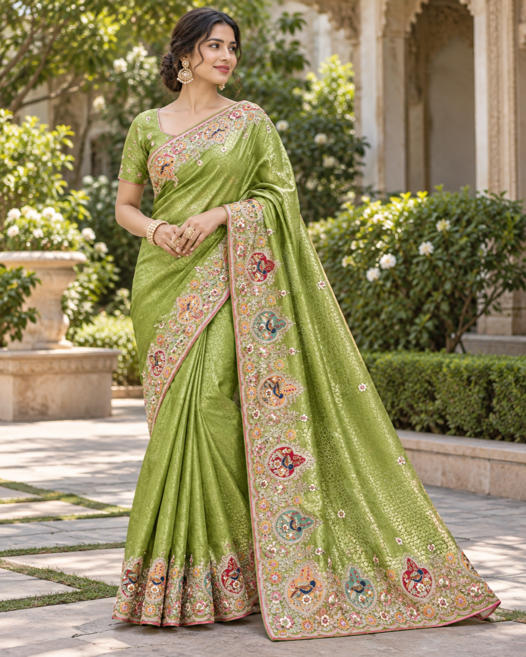 Mehendi Green Saree with Peacock Embroidered Border