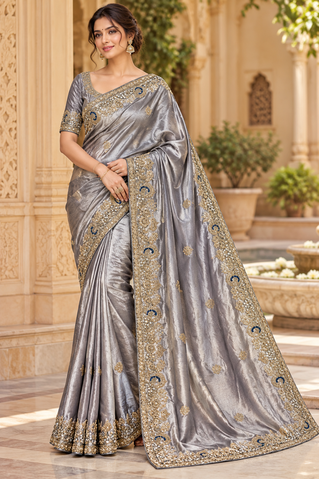 Metallic Slate Grey Silk Saree with Gold Zardozi Scalloped Border & Blue Accent Medallions