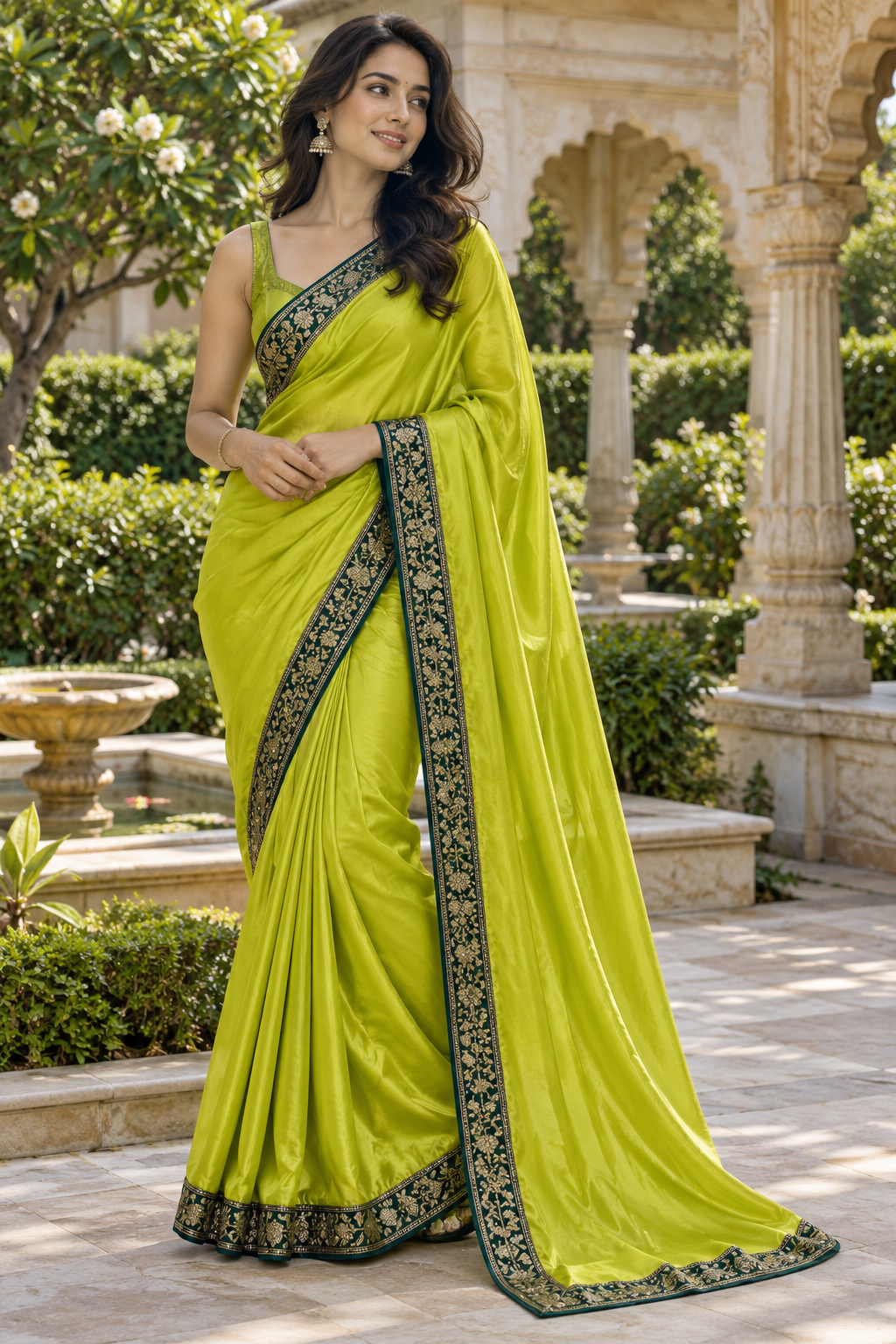 Chartreuse Lime Green Silk Saree with Dark Forest Green Zardozi Embroidered Border