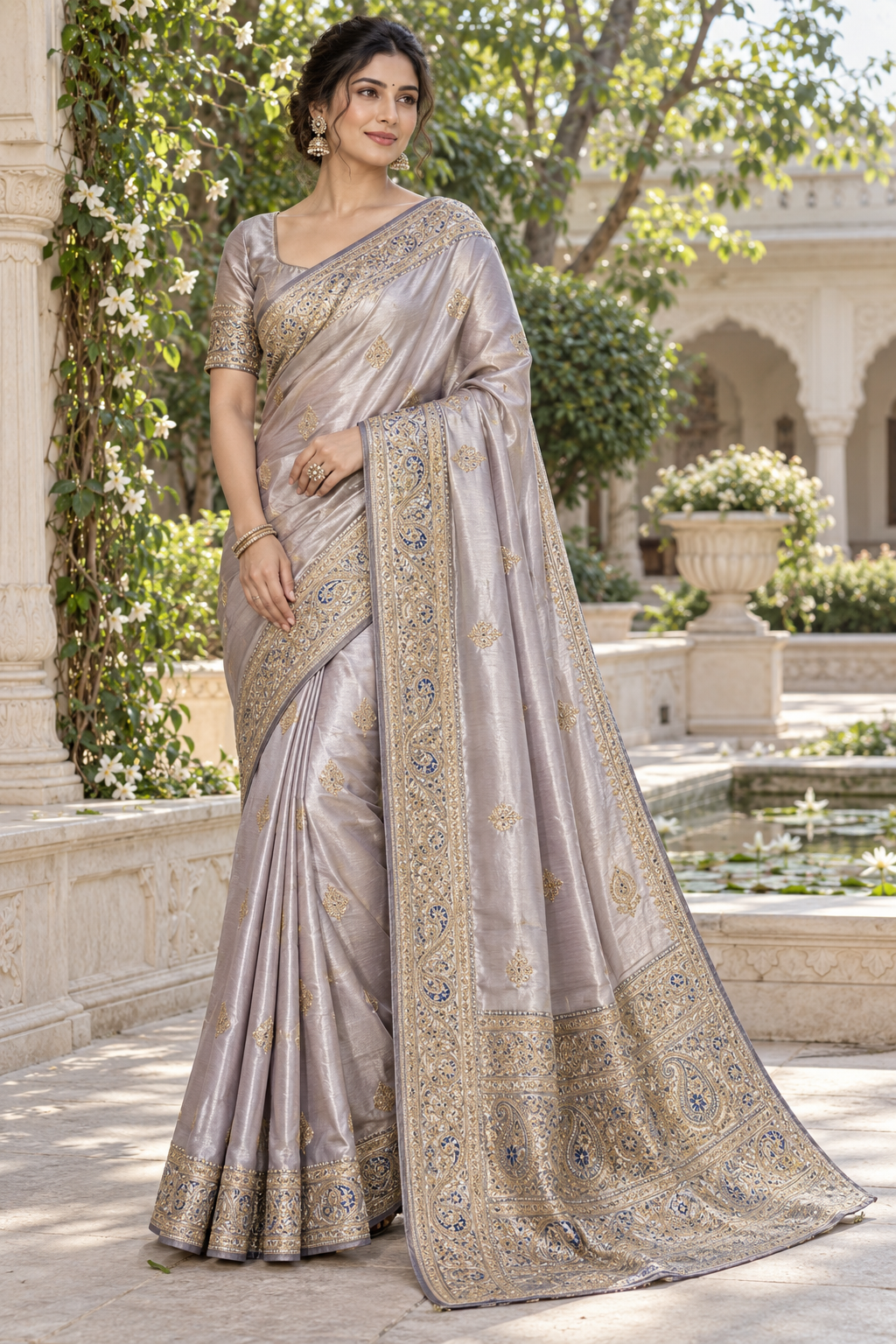 Pearl Grey Tissue Silk Saree with Antique Gold Zardozi & Royal Blue Meenakari Embroidery