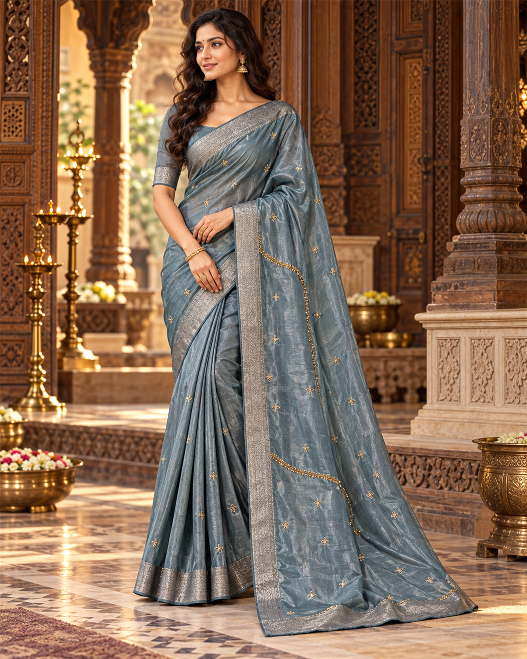 Slate Grey Silk Saree with Woven Silver Zari Border & Gold Starburst Buttis