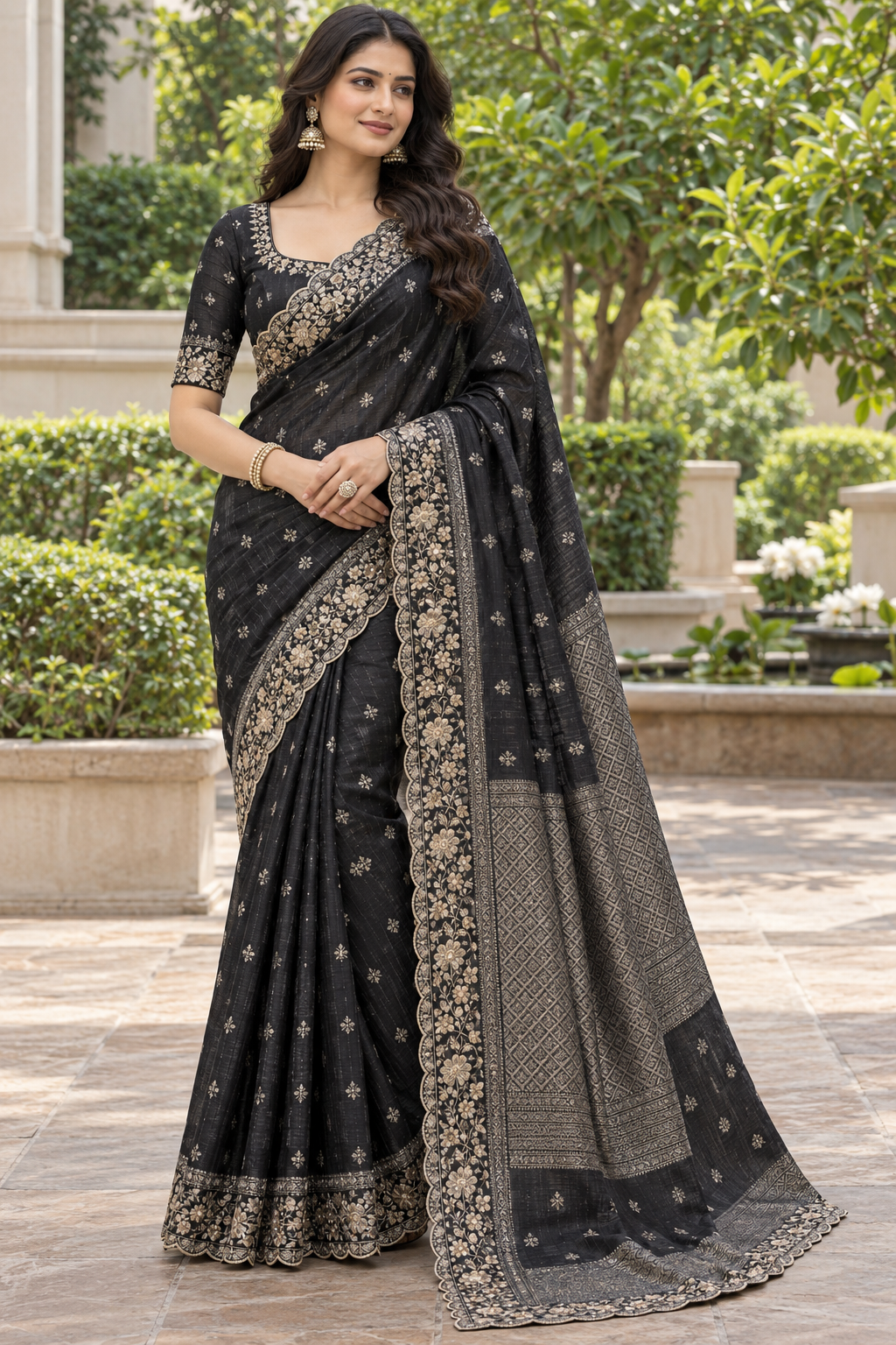 Midnight Black Floral Zari Saree