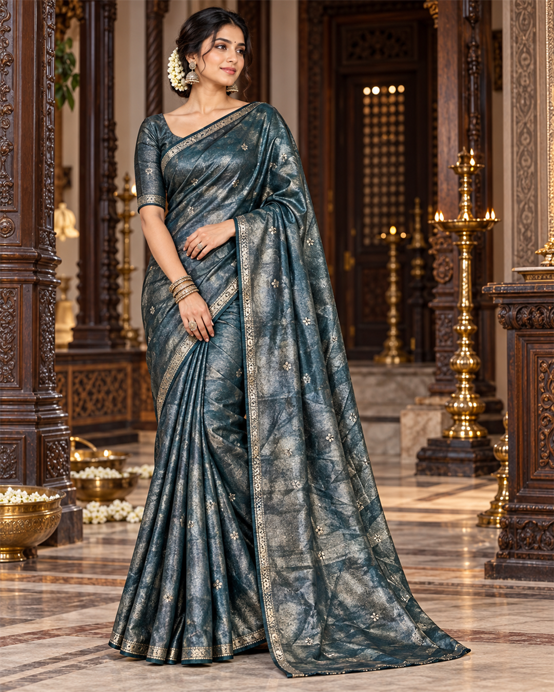 Slate Teal Blue Silk Saree with Antique Silver Foil Print & Zari Embroidered Border