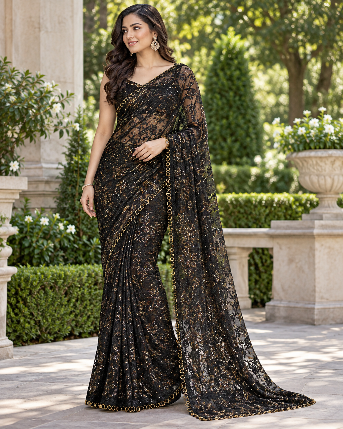 Black Sequined Embroidered Net Saree Main image