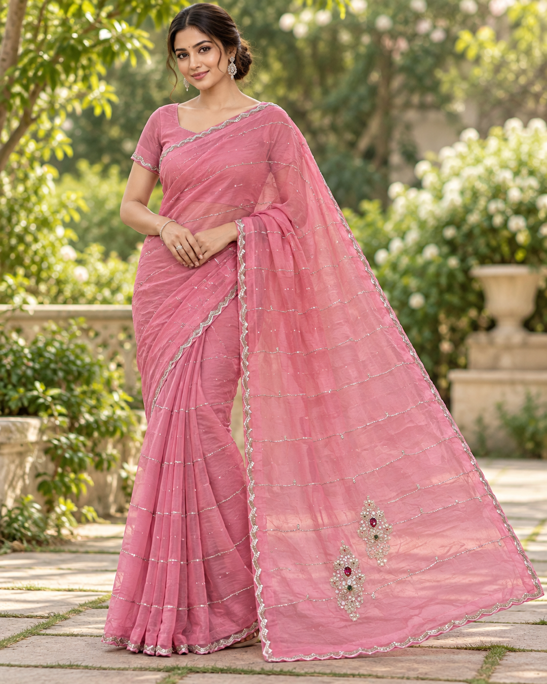 Blush Rose Embroidered Sheer Saree with Scalloped Borders