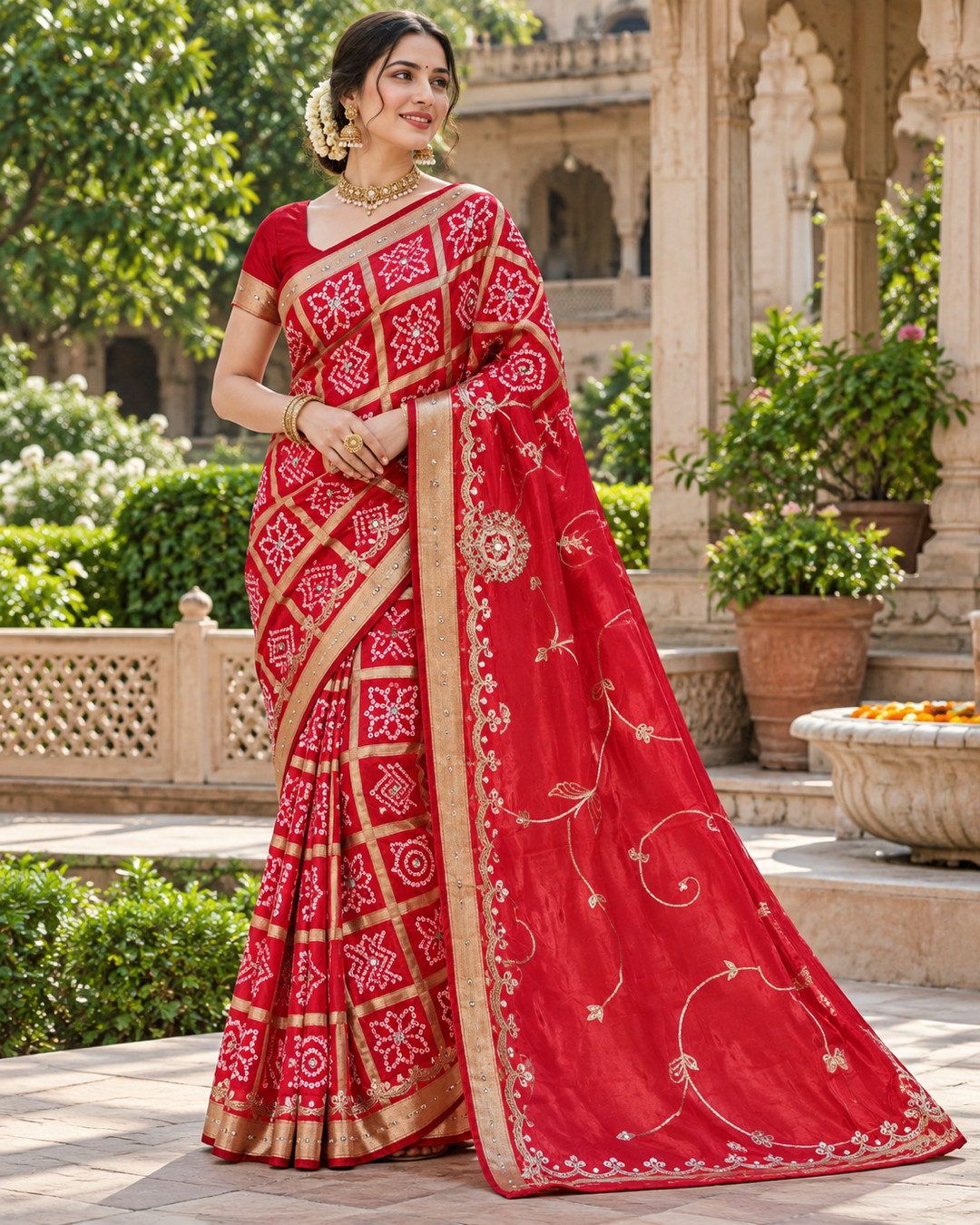 Crimson Red Bandhani and Zari Checkered Saree Main image