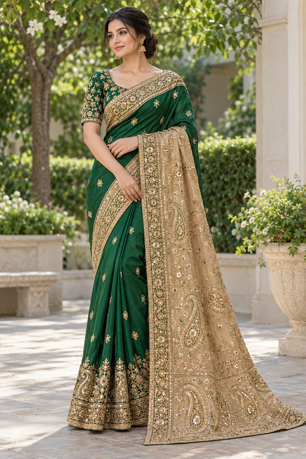 Emerald Green Silk Saree with Contrast Beige Zardozi Paisley Pallu & Embroidered Border
