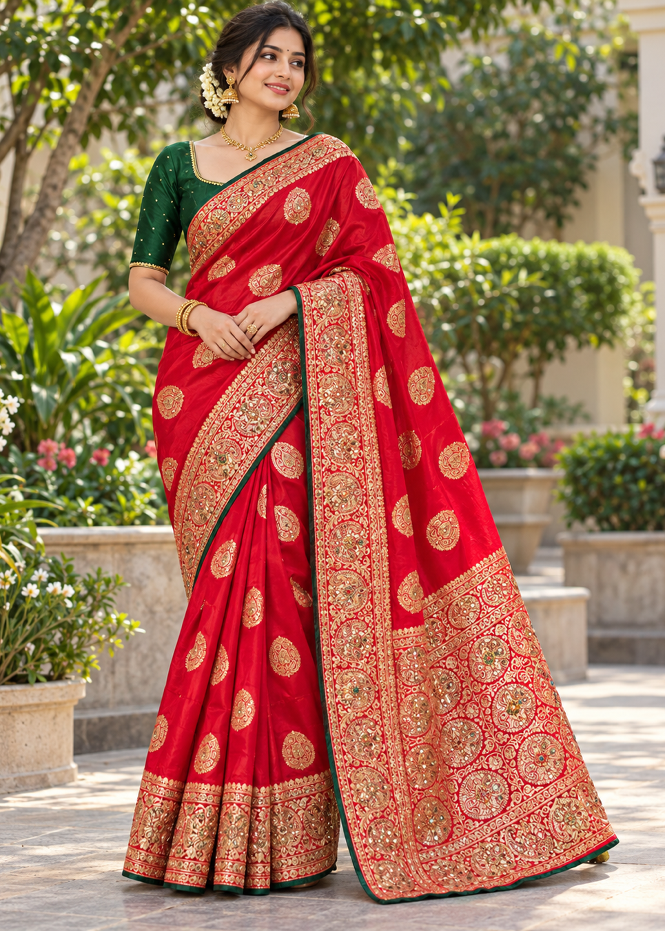 Scarlet Red Silk Saree with Gold Zari Floral Medallions & Embroidered Brocade Border