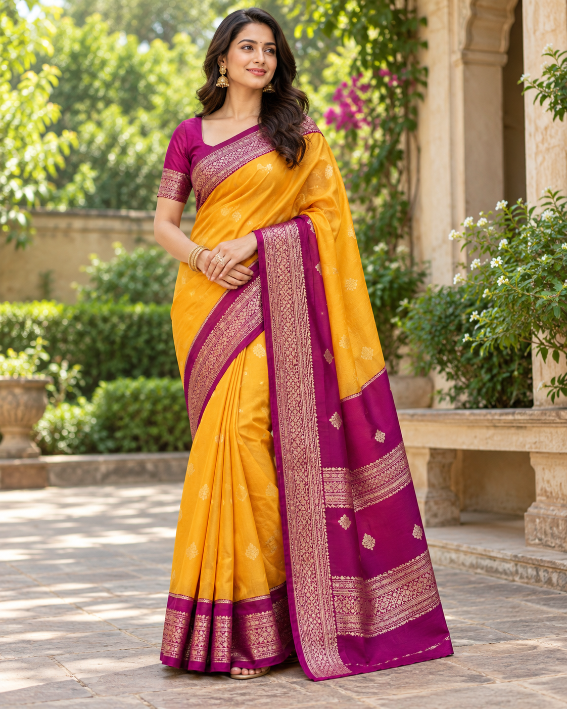 Mustard Yellow & Wine Purple Saree with Golden Zari Border