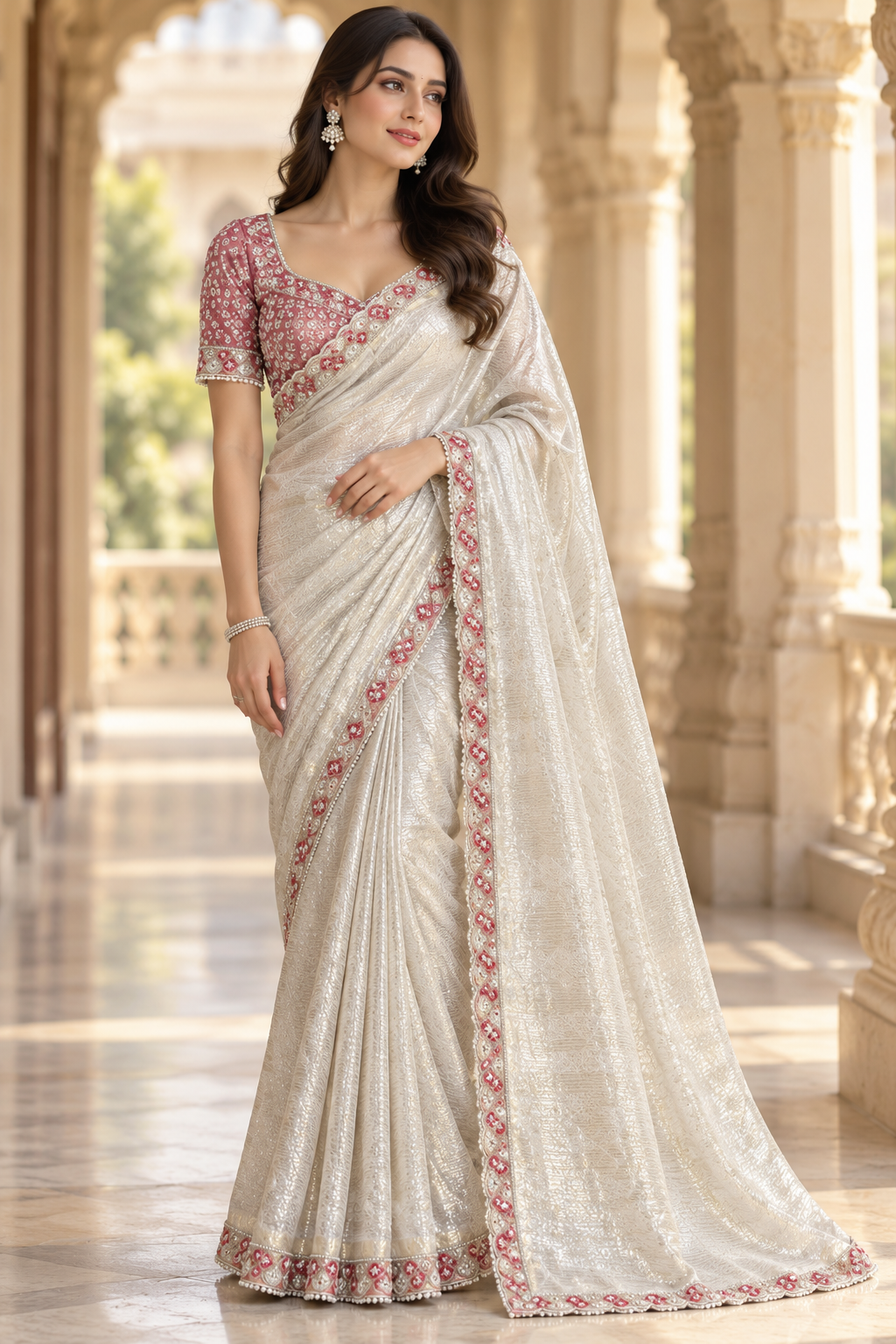 Silver-White Shimmer Saree with Pink Floral Border