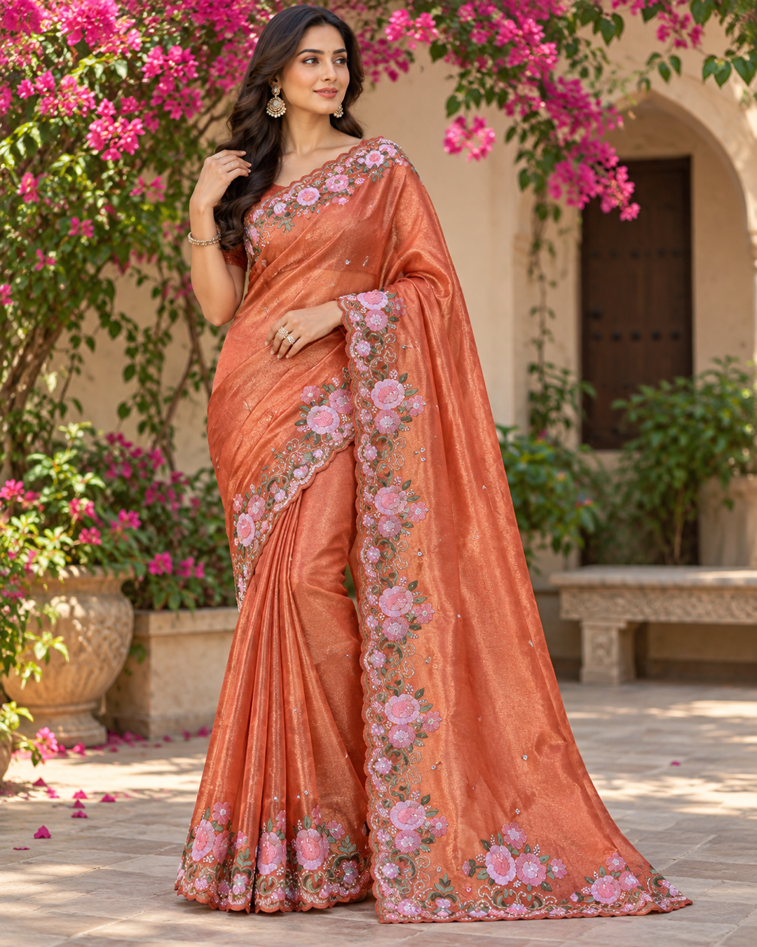 Peach Sheen Saree with Pink Floral Embroidery Main image