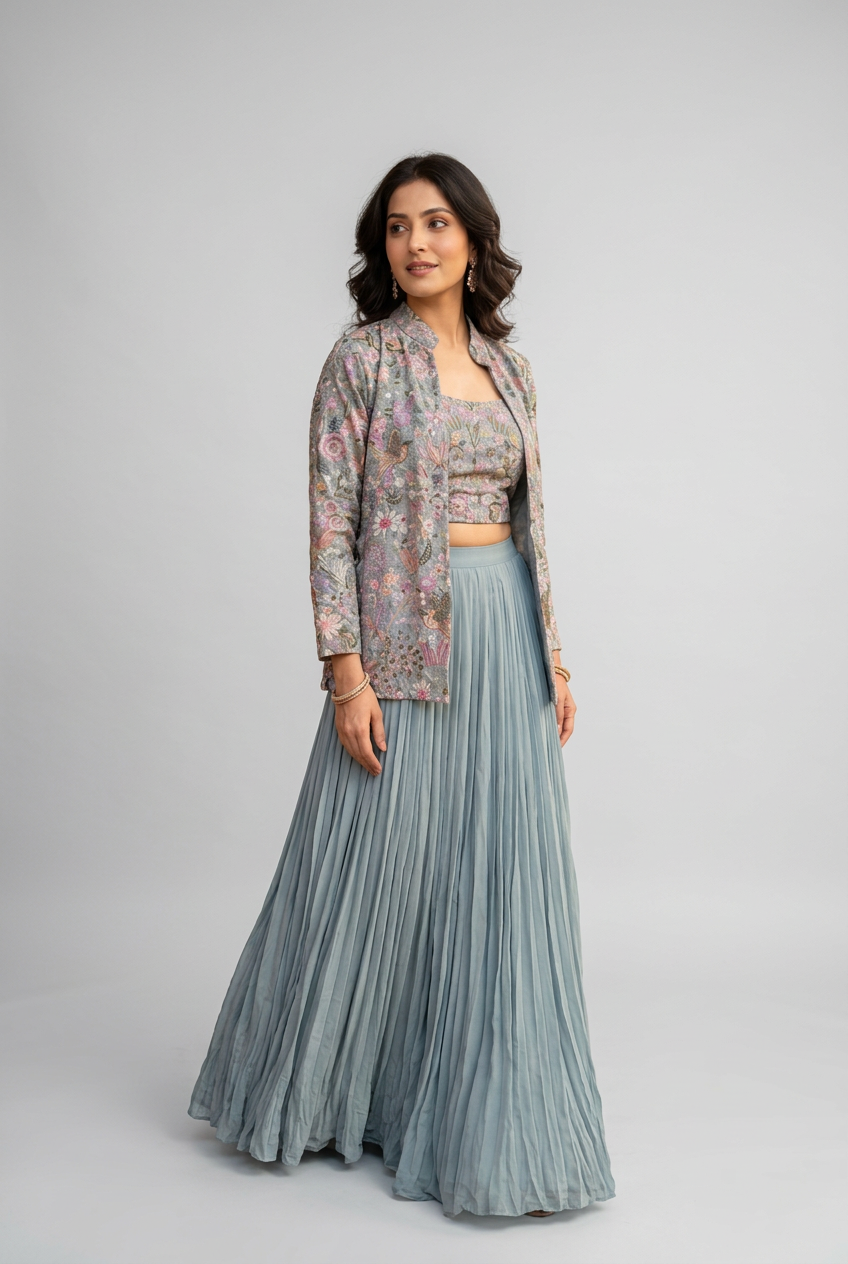 Dusty Blue Indo-Western Skirt and Jacket Set Main image
