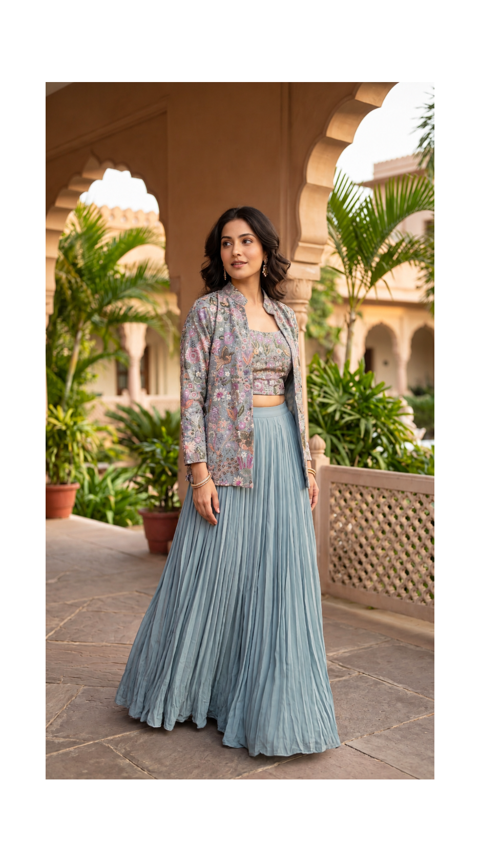 Dusty Blue Indo-Western Skirt and Jacket Set