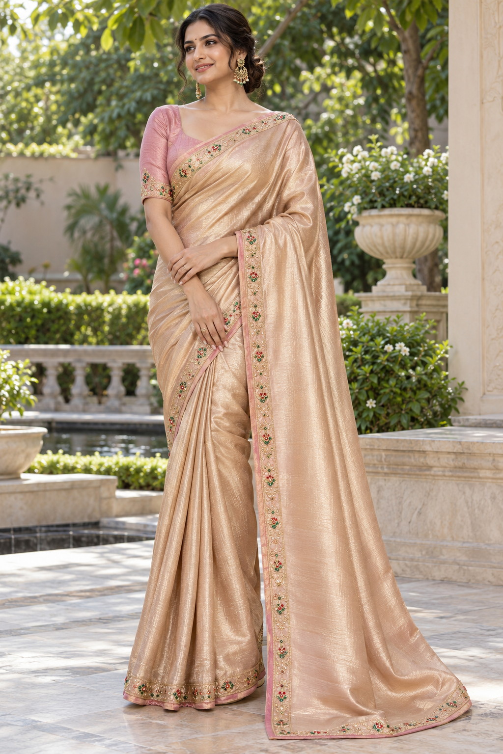 Champagne Gold Metallic Tissue Saree with Delicate Floral Zardozi Border & Pink Piping
